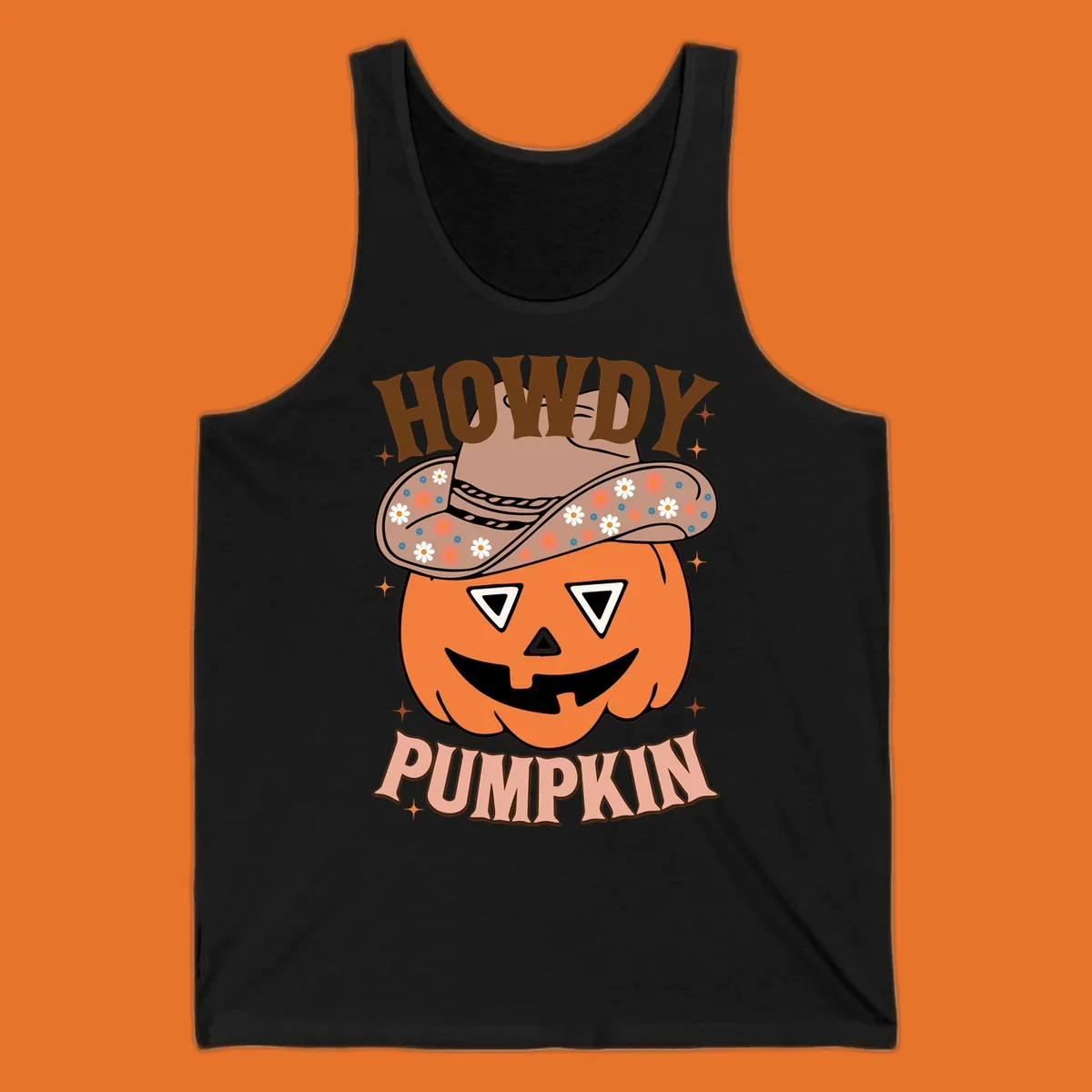 Howdy Pumpkin cowboy hat illustration for Halloween, with retro-style text and floral accents.