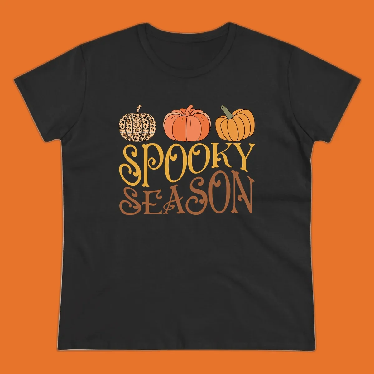 Spooky season pumpkins with leopard print and skull design, text: SPOOKY SEASON.