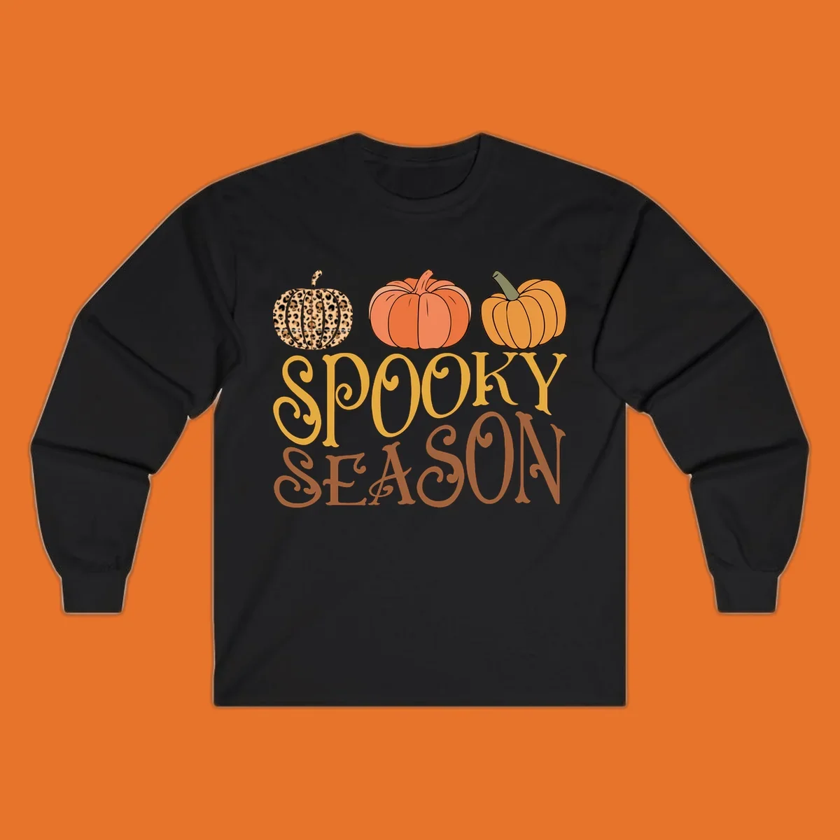 Spooky season pumpkins with leopard print and skull design, text: SPOOKY SEASON.