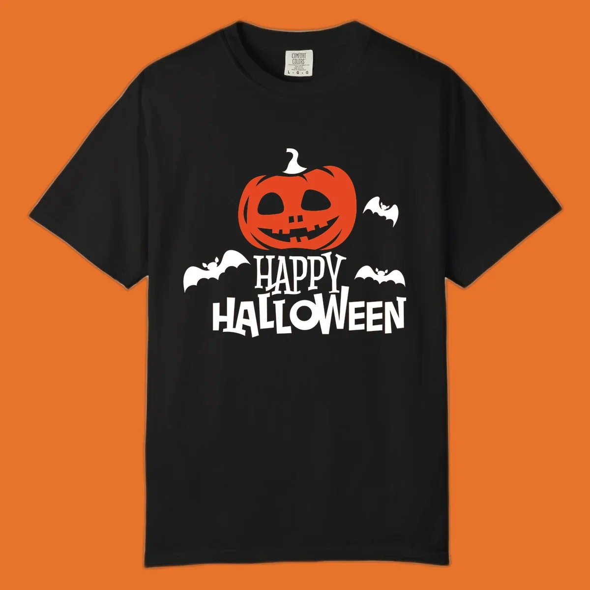 Happy Halloween text with a carved pumpkin and bats graphic.