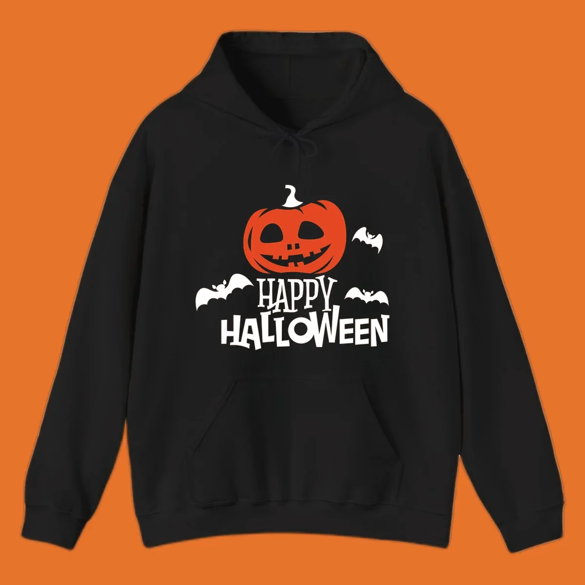 Happy Halloween text with a carved pumpkin and bats graphic.