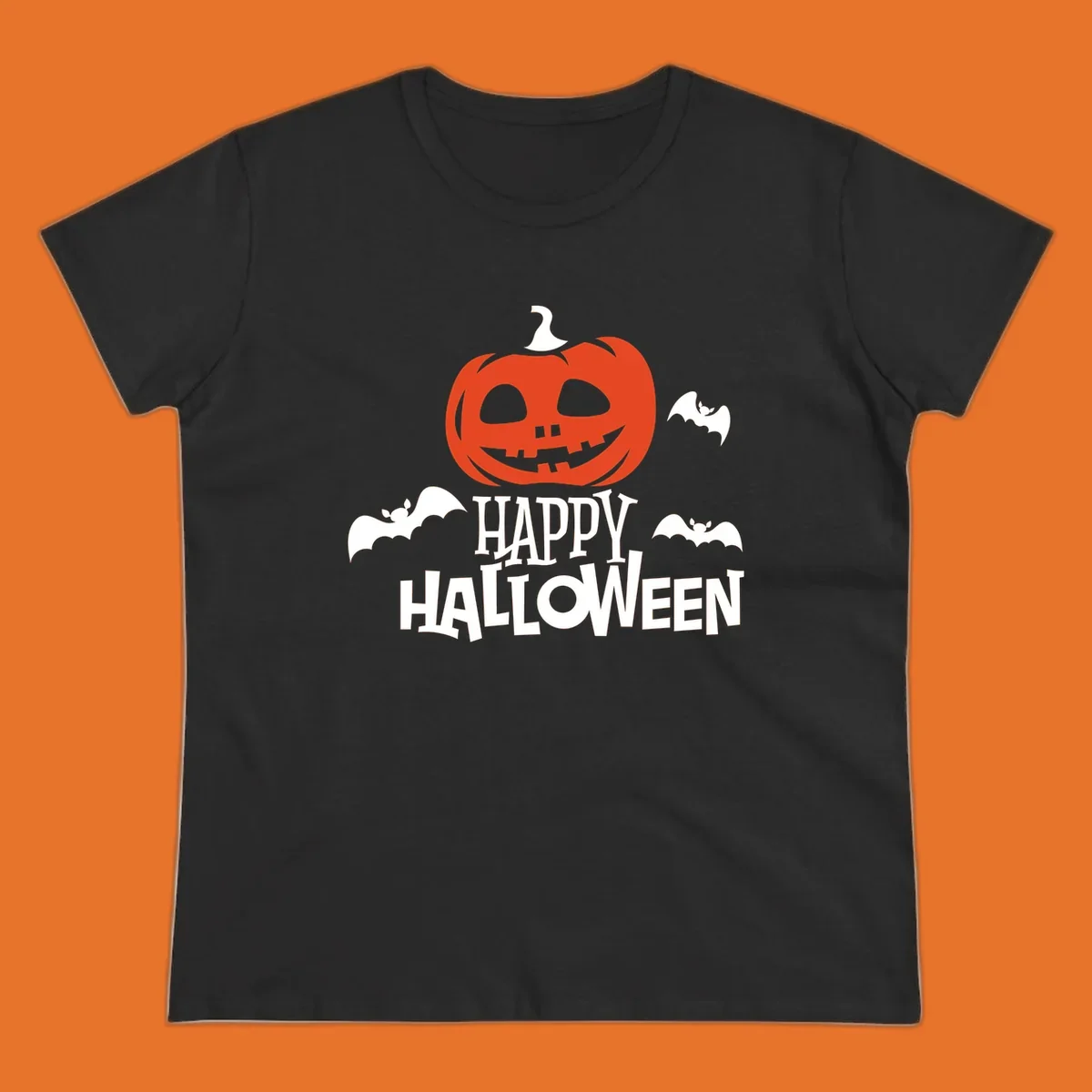 Happy Halloween text with a carved pumpkin and bats graphic.