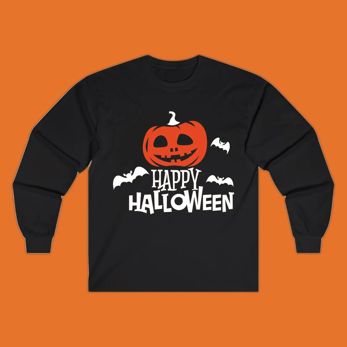 Happy Halloween text with a carved pumpkin and bats graphic.