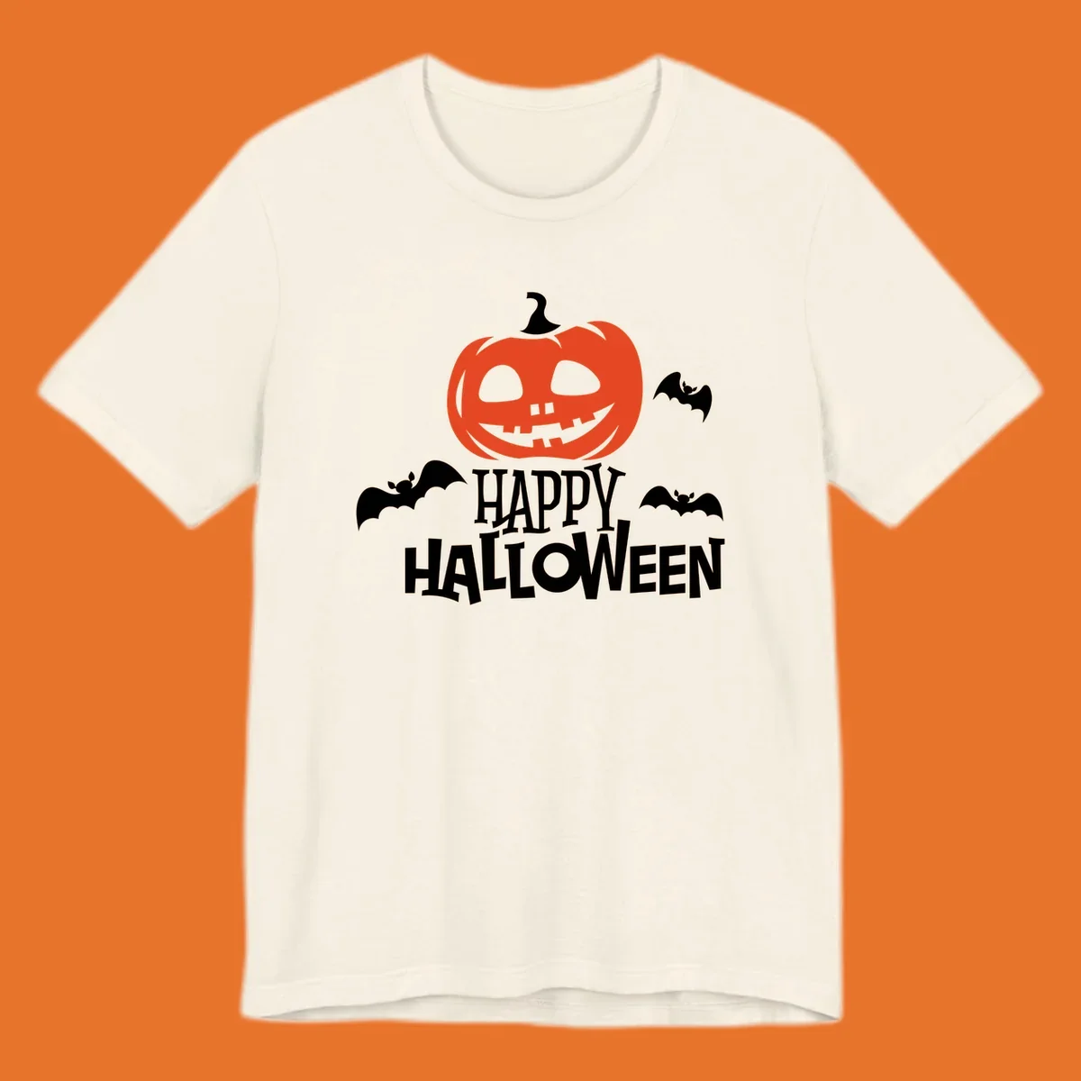 Happy Halloween text with a carved pumpkin and bats graphic.