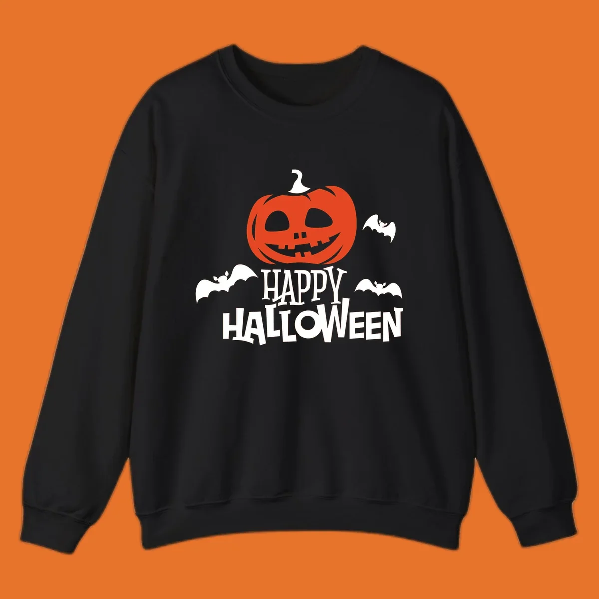 Happy Halloween text with a carved pumpkin and bats graphic.