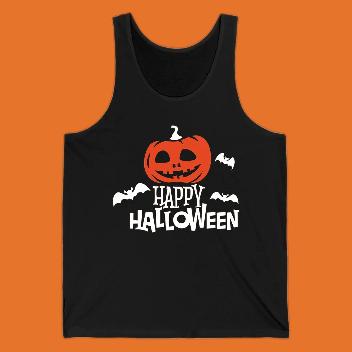 Happy Halloween text with a carved pumpkin and bats graphic.