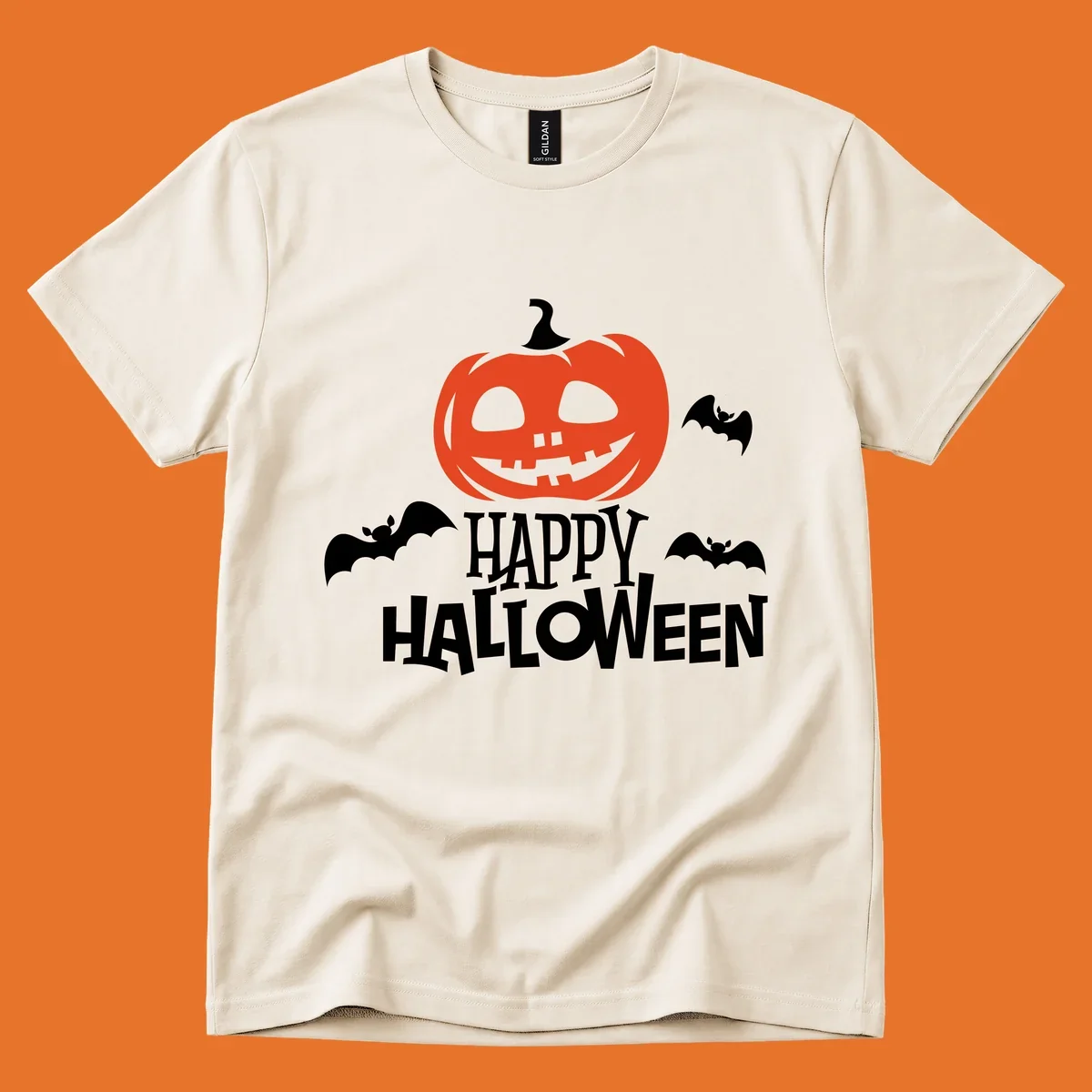 Happy Halloween text with a carved pumpkin and bats graphic.