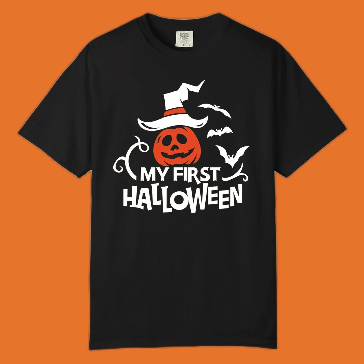 My First Halloween text with a pumpkin wearing a witch hat and bats.