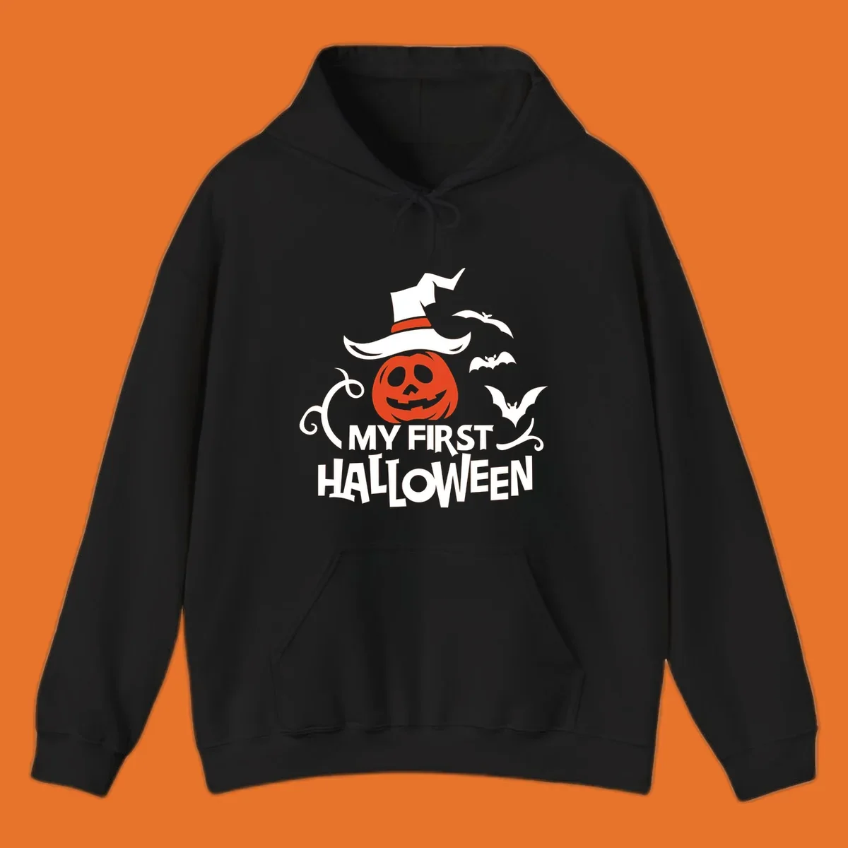 My First Halloween text with a pumpkin wearing a witch hat and bats.