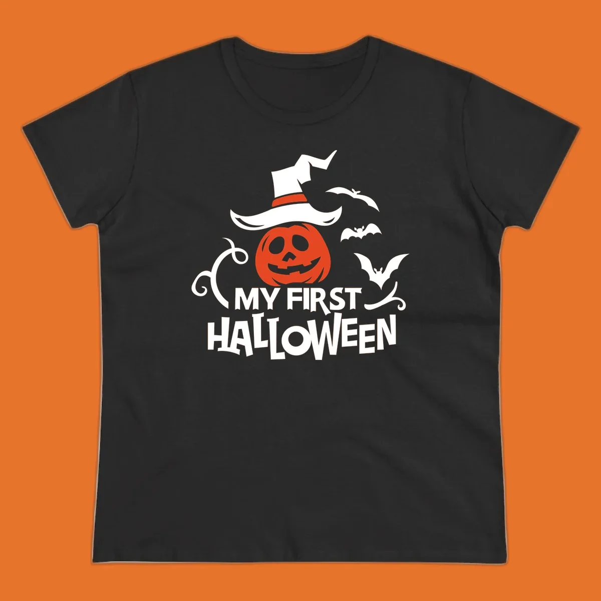 My First Halloween text with a pumpkin wearing a witch hat and bats.