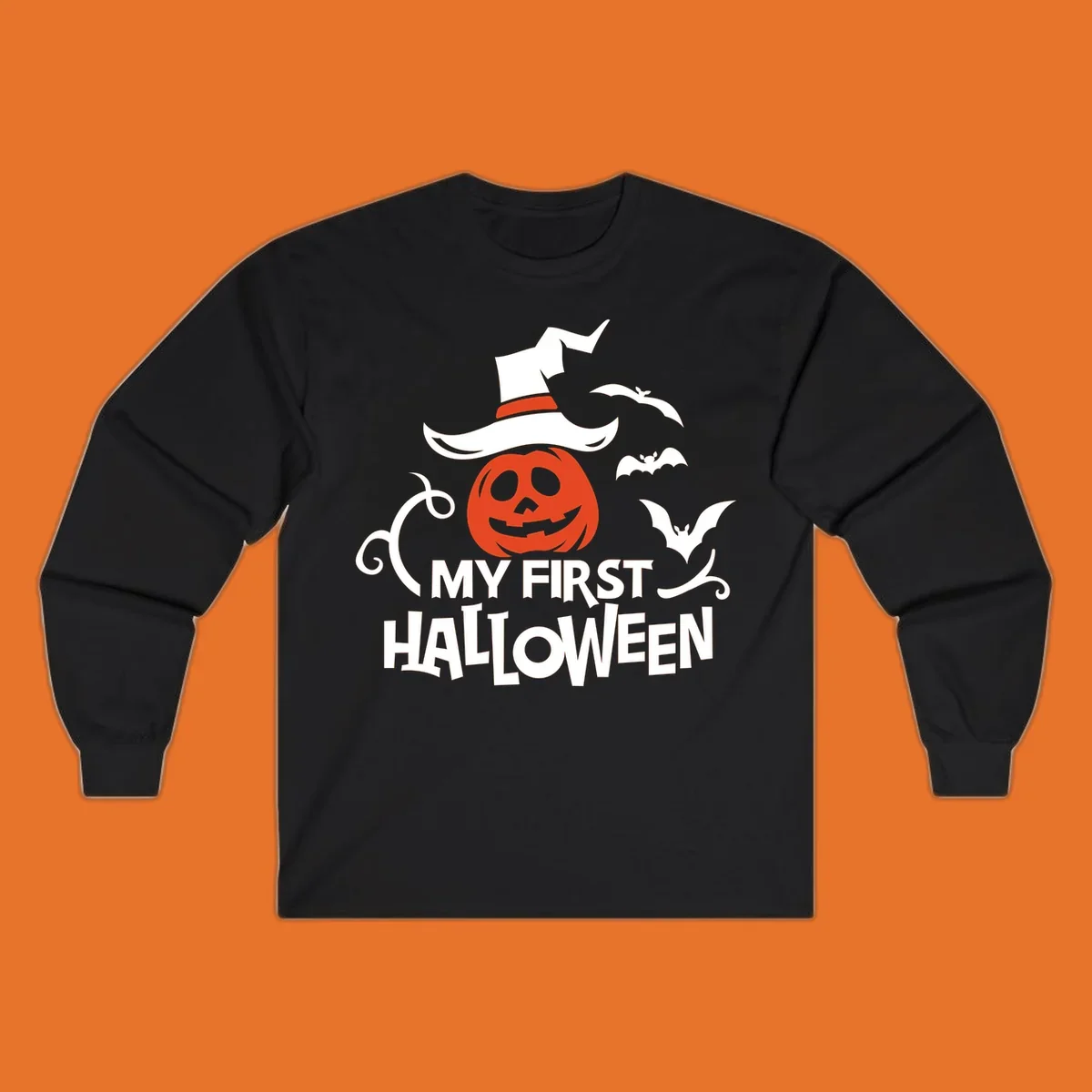 My First Halloween text with a pumpkin wearing a witch hat and bats.