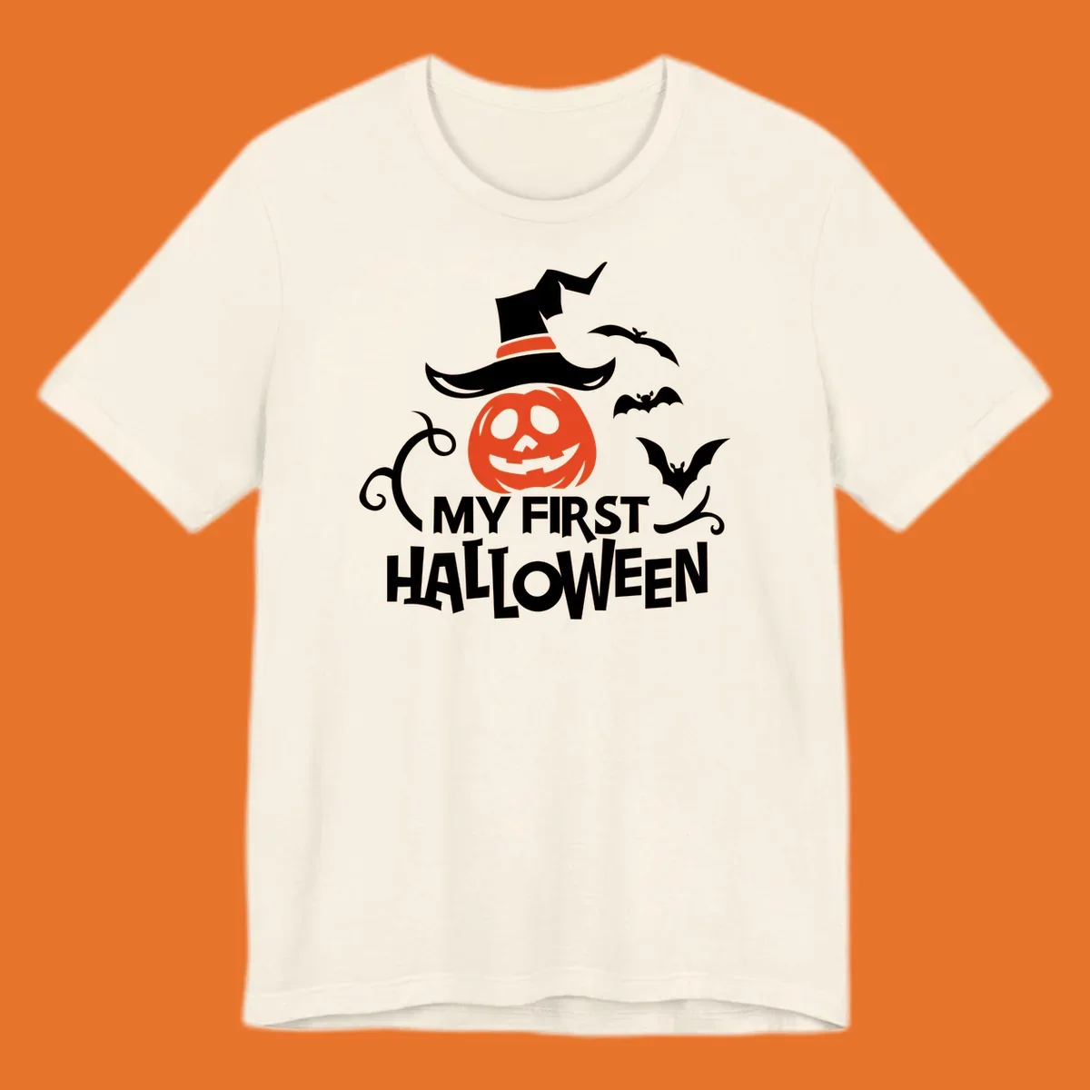 My First Halloween text with a pumpkin wearing a witch hat and bats.