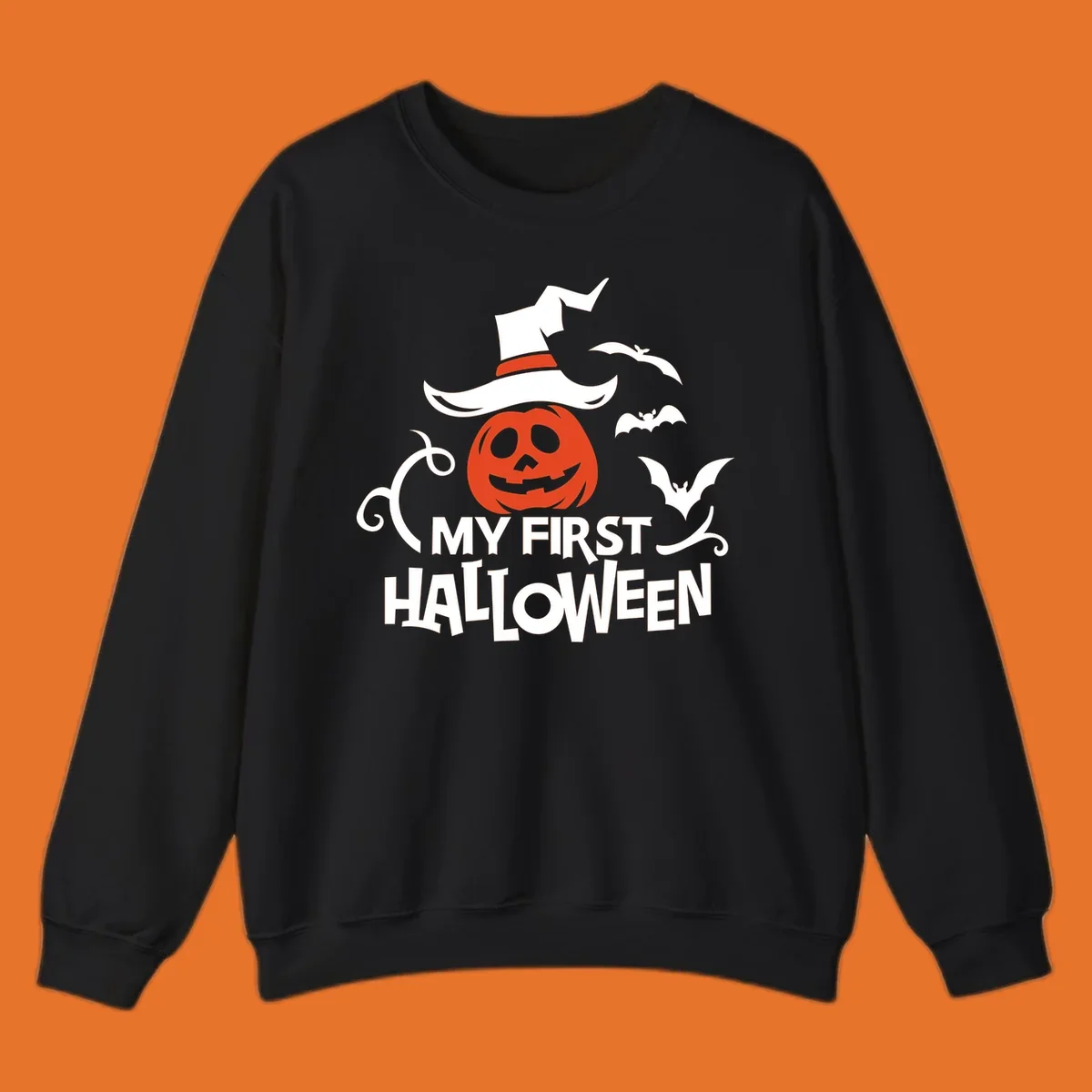My First Halloween text with a pumpkin wearing a witch hat and bats.