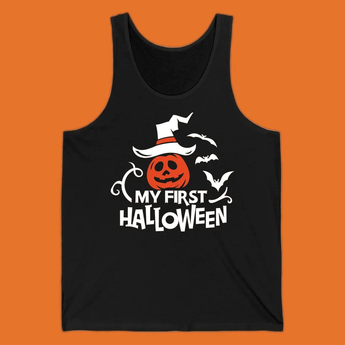 My First Halloween text with a pumpkin wearing a witch hat and bats.
