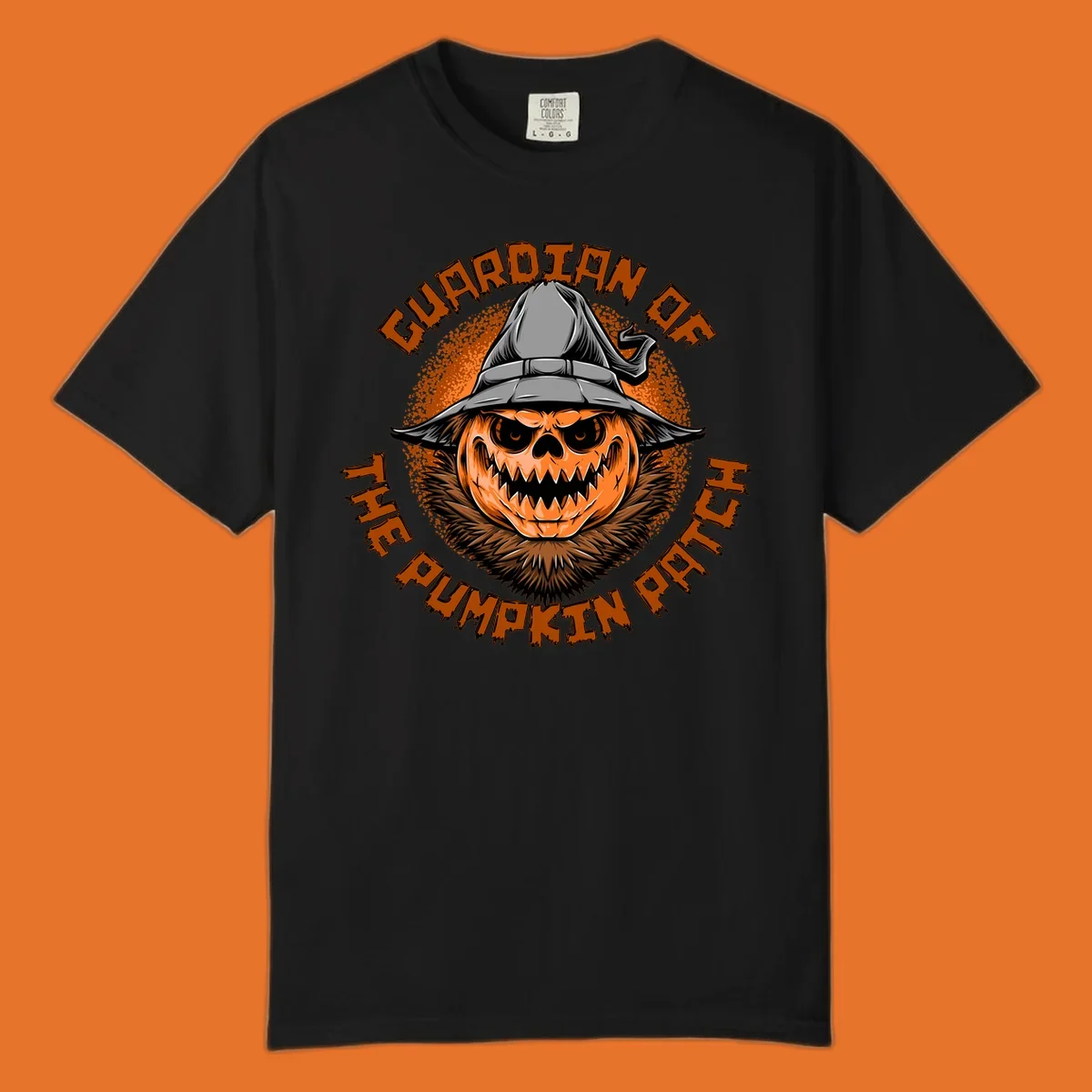 Guardian of the pumpkin patch scary jack-o-lantern with witch hat, text design.