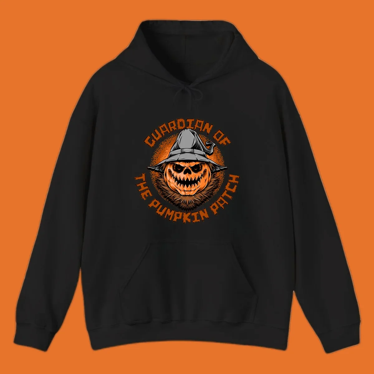 Guardian of the pumpkin patch scary jack-o-lantern with witch hat, text design.
