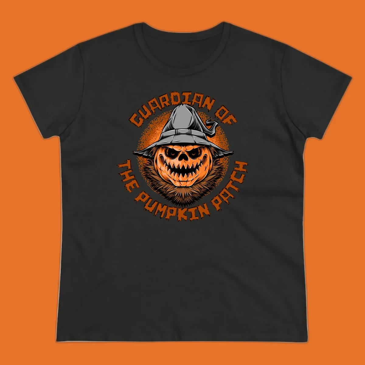Guardian of the pumpkin patch scary jack-o-lantern with witch hat, text design.