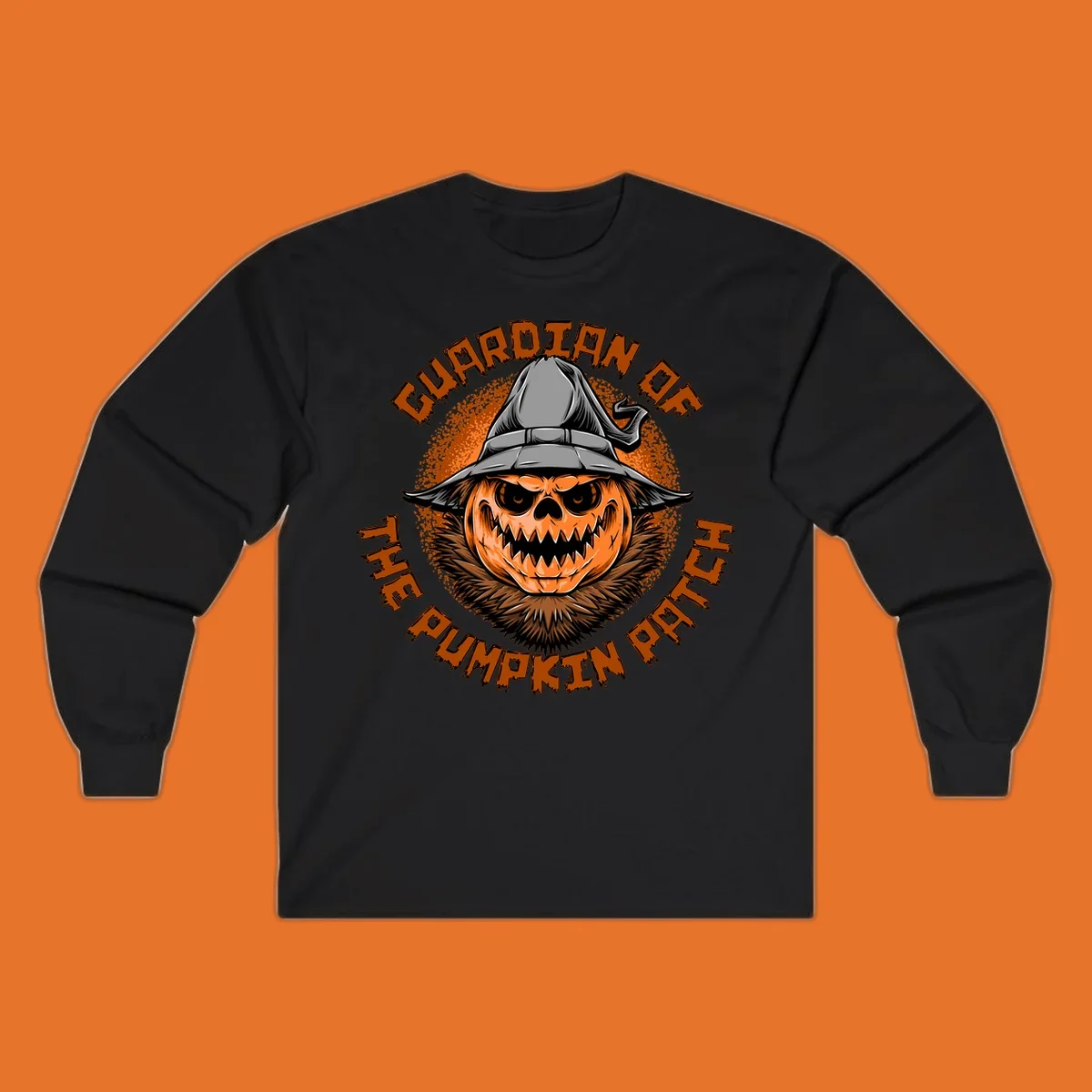 Guardian of the pumpkin patch scary jack-o-lantern with witch hat, text design.