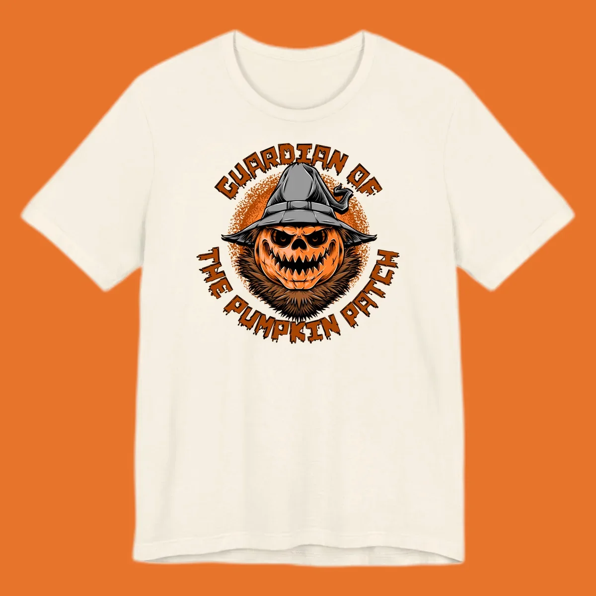 Guardian of the pumpkin patch scary jack-o-lantern with witch hat, text design.