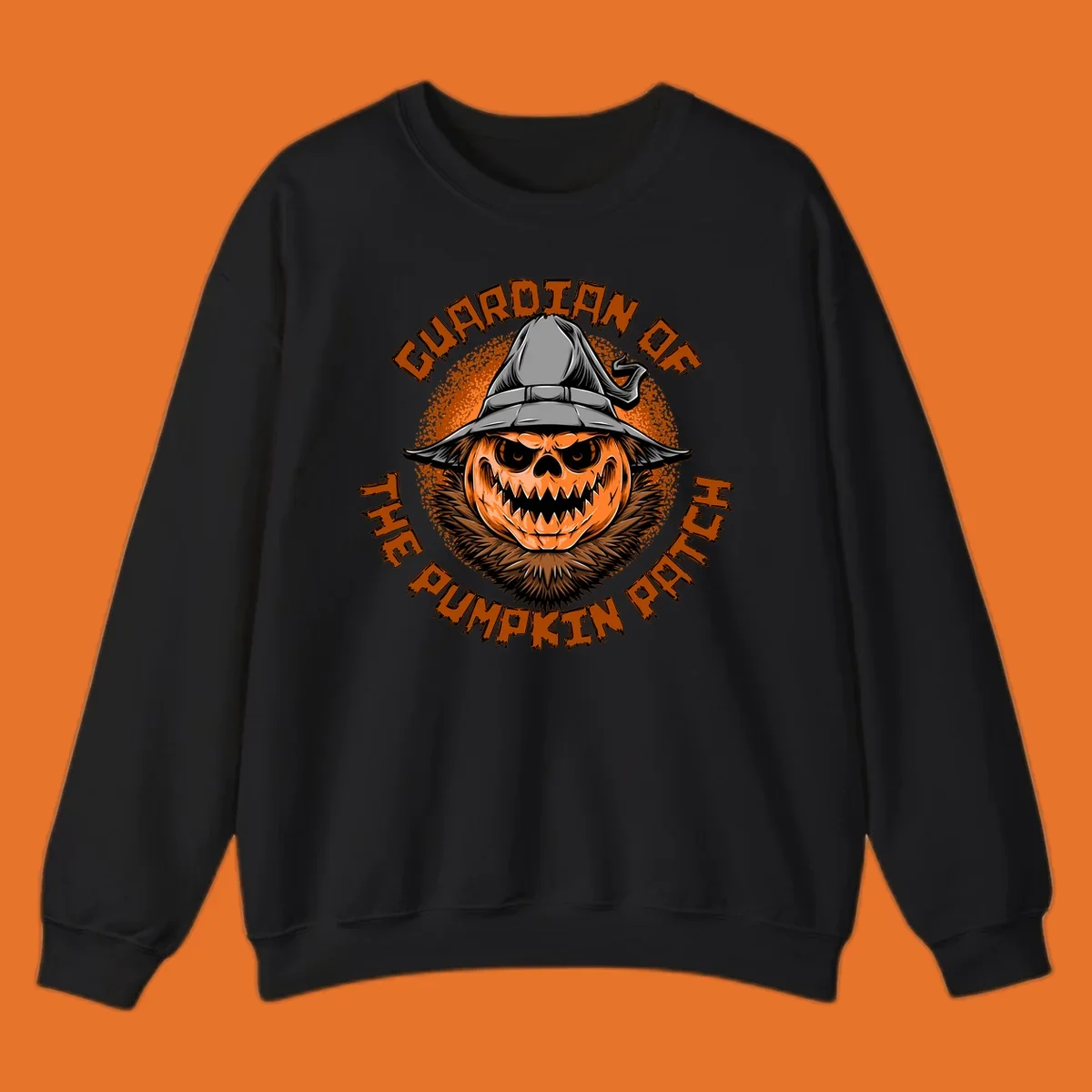 Guardian of the pumpkin patch scary jack-o-lantern with witch hat, text design.