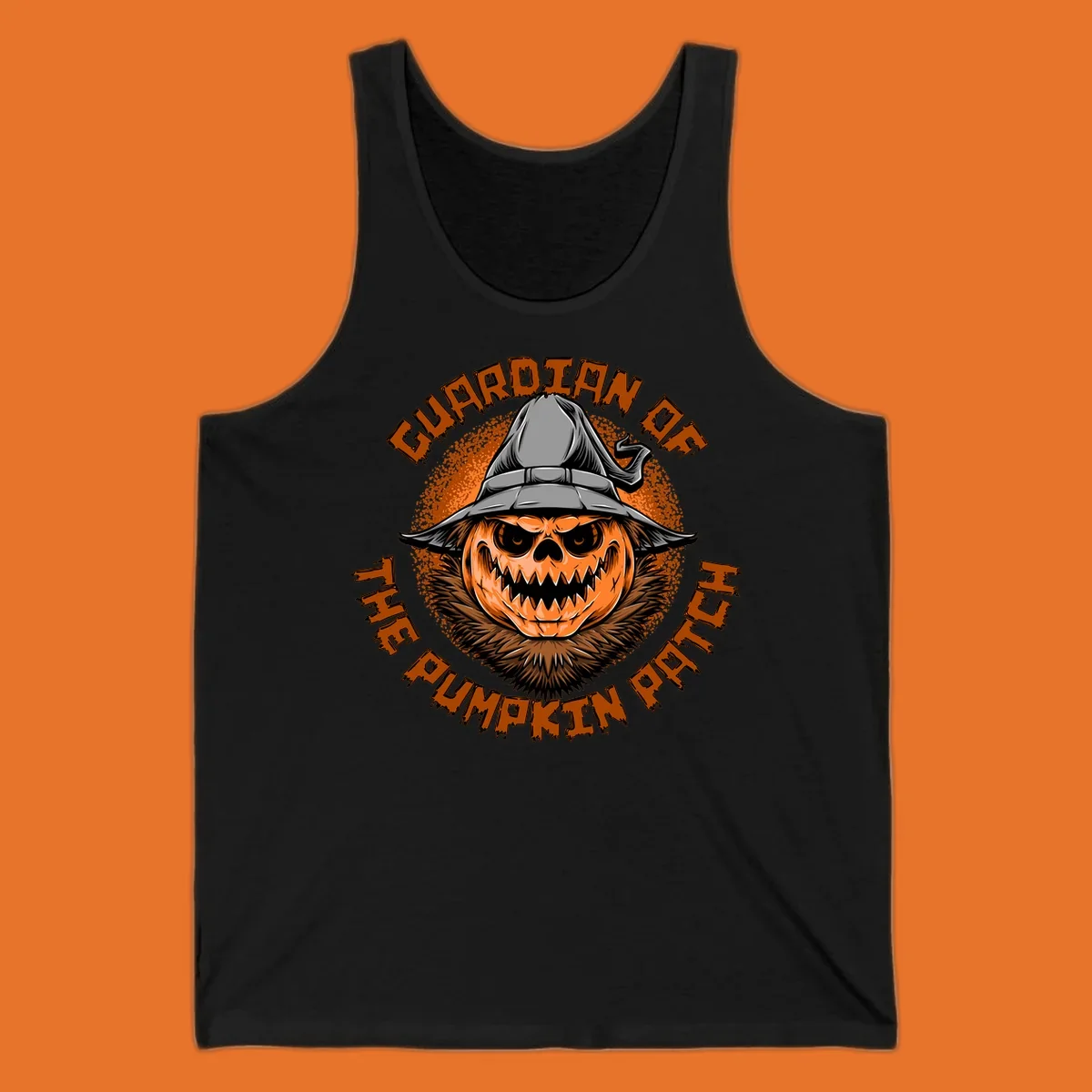 Guardian of the pumpkin patch scary jack-o-lantern with witch hat, text design.