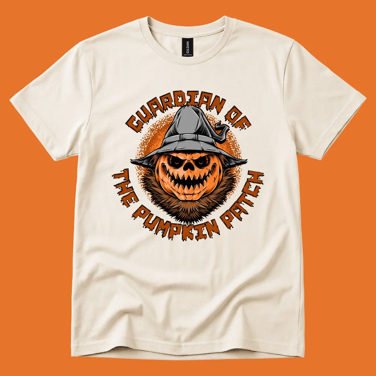Guardian of the pumpkin patch scary jack-o-lantern with witch hat, text design.