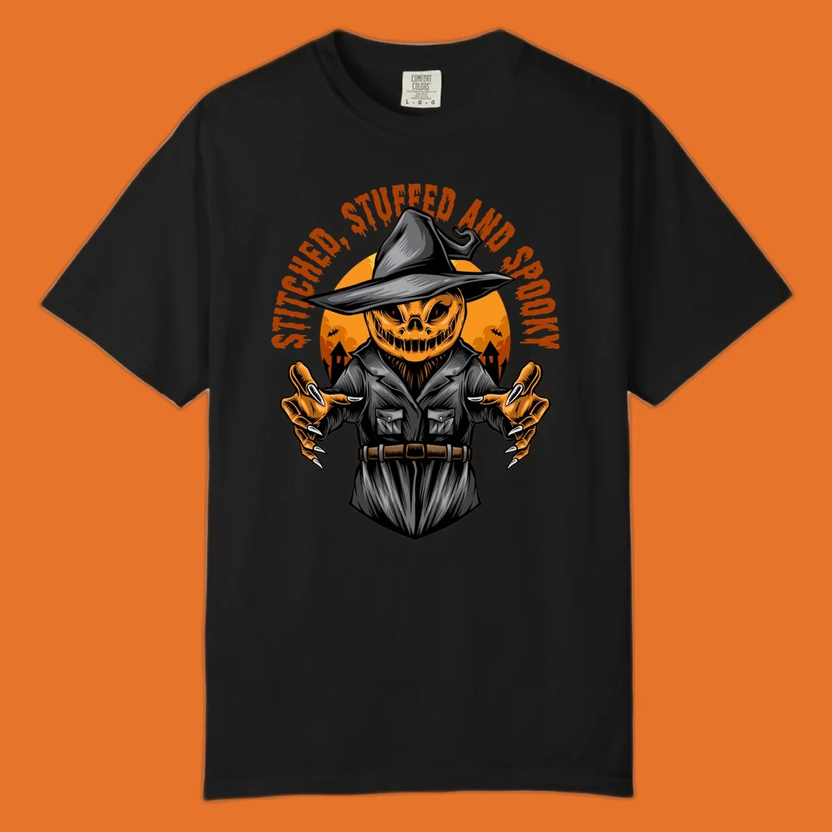 Spooky pumpkin character in a witch hat and suit, text reads STITCHED, STUFFED AND SPOOKY.