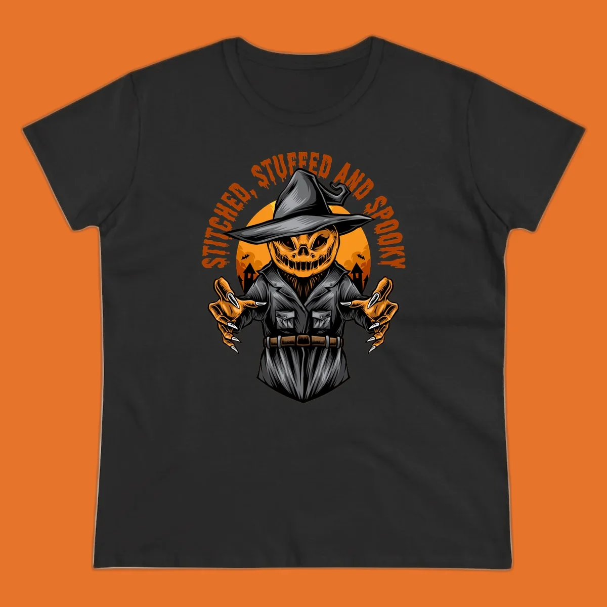 Spooky pumpkin character in a witch hat and suit, text reads STITCHED, STUFFED AND SPOOKY.