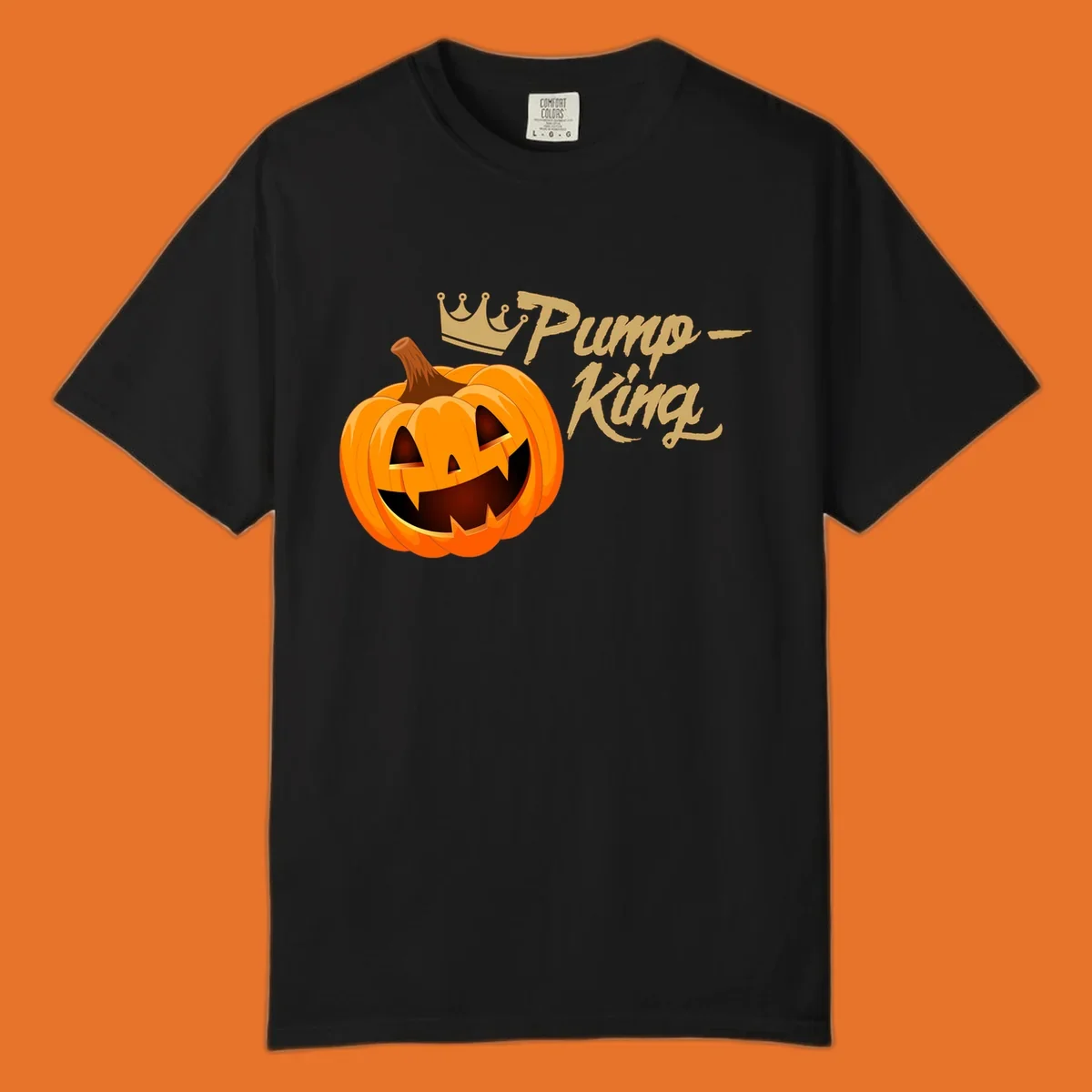 Pumpkin King Halloween crown illustration with a grinning jack-o-lantern and text.