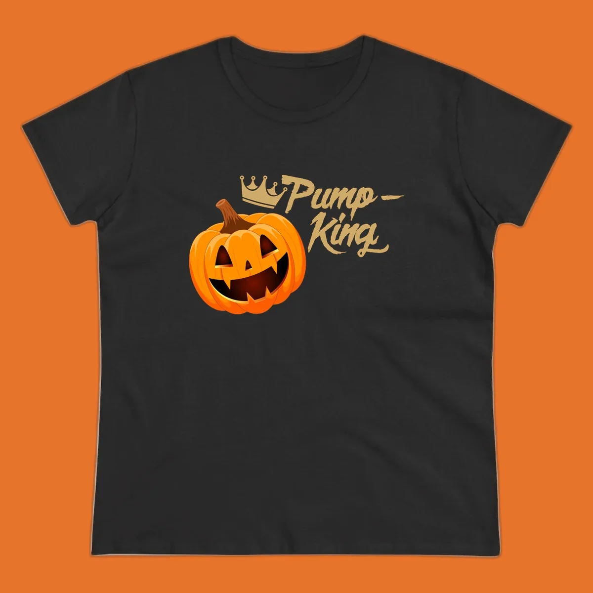 Pumpkin King Halloween crown illustration with a grinning jack-o-lantern and text.