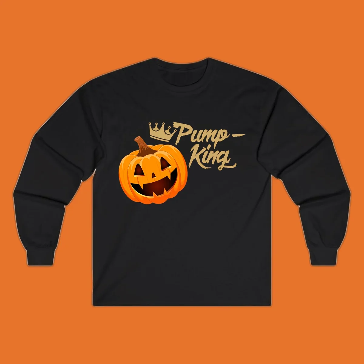 Pumpkin King Halloween crown illustration with a grinning jack-o-lantern and text.