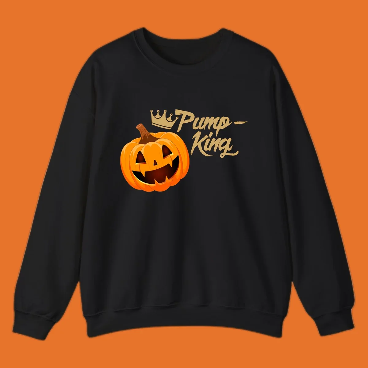 Pumpkin King Halloween crown illustration with a grinning jack-o-lantern and text.