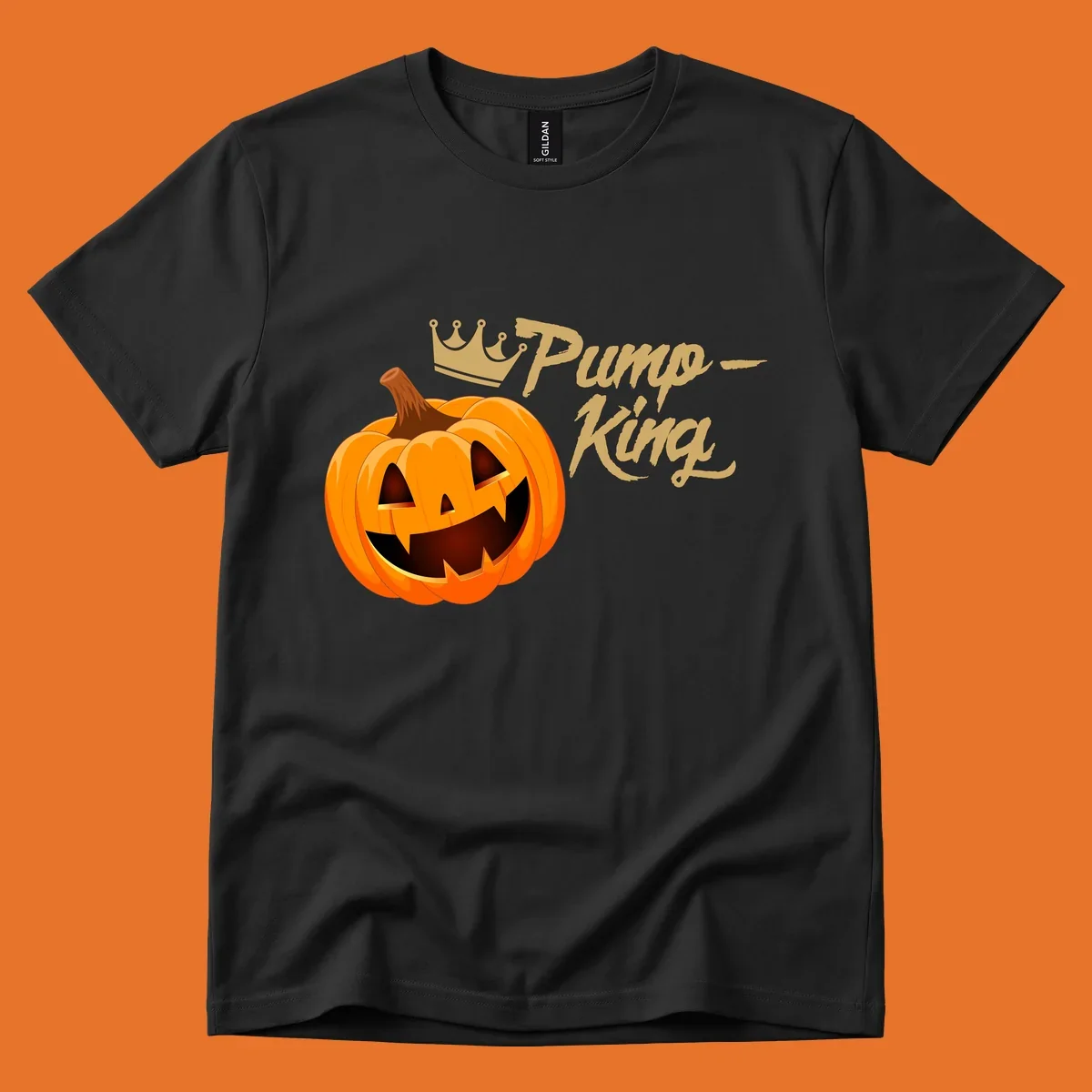 Pumpkin King Halloween crown illustration with a grinning jack-o-lantern and text.