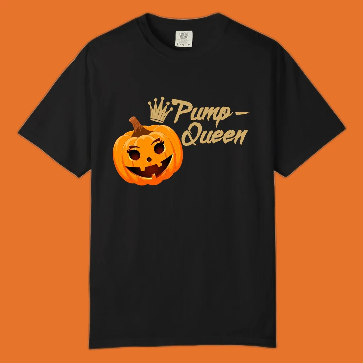 A smiling jack-o'-lantern wearing a crown, with 'Pump-Queen' text, for Halloween.
