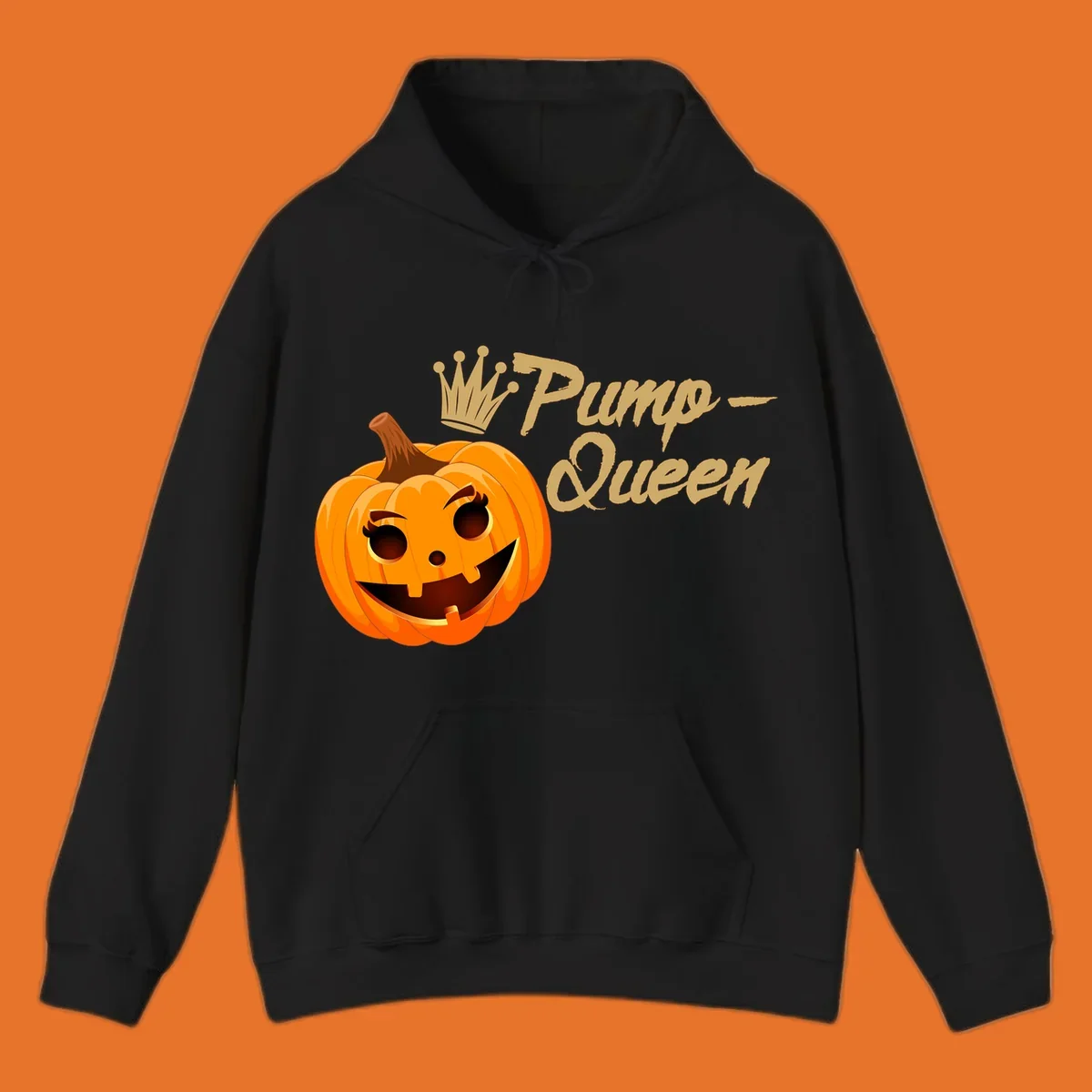 A smiling jack-o'-lantern wearing a crown, with 'Pump-Queen' text, for Halloween.