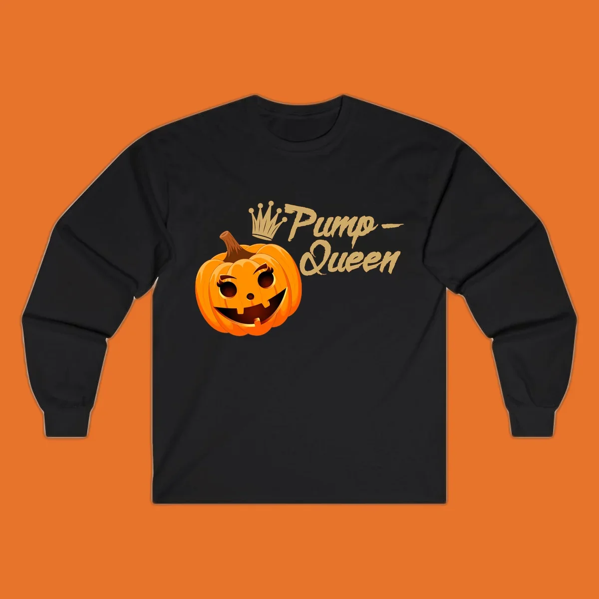 A smiling jack-o'-lantern wearing a crown, with 'Pump-Queen' text, for Halloween.