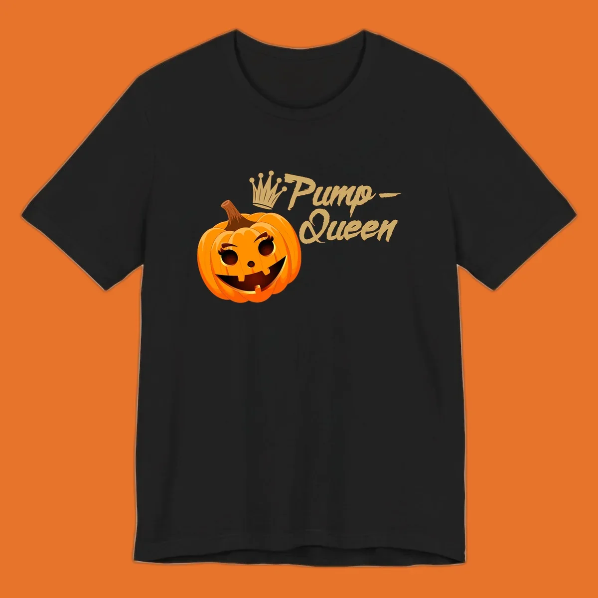 A smiling jack-o'-lantern wearing a crown, with 'Pump-Queen' text, for Halloween.
