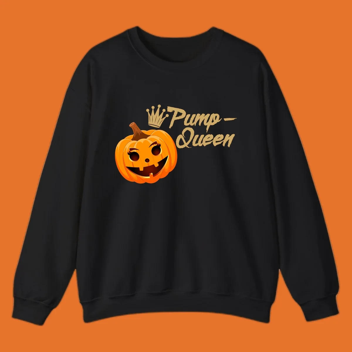 A smiling jack-o'-lantern wearing a crown, with 'Pump-Queen' text, for Halloween.