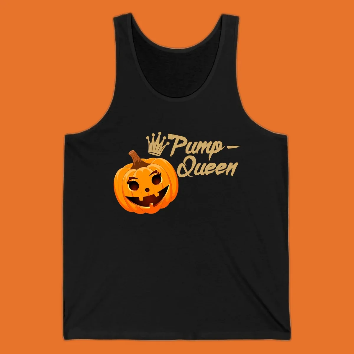 A smiling jack-o'-lantern wearing a crown, with 'Pump-Queen' text, for Halloween.