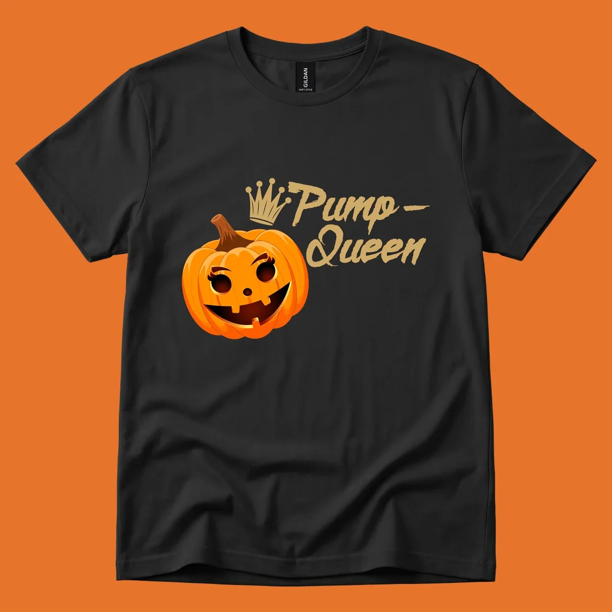 A smiling jack-o'-lantern wearing a crown, with 'Pump-Queen' text, for Halloween.