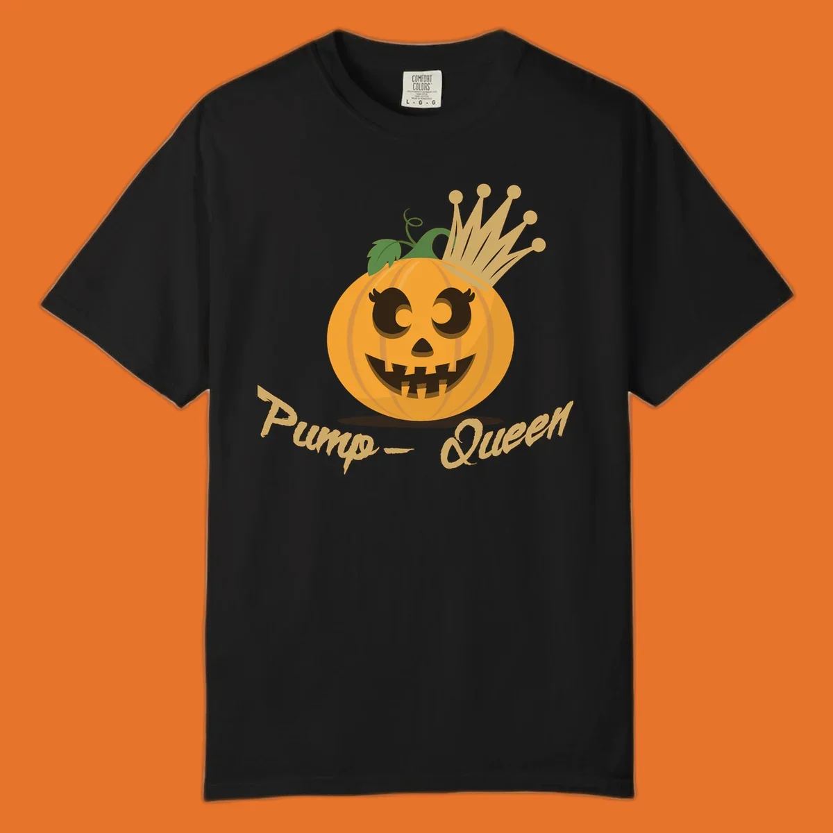 Cute pumpkin queen jack-o-lantern with a crown and "Pump-Queen" text.