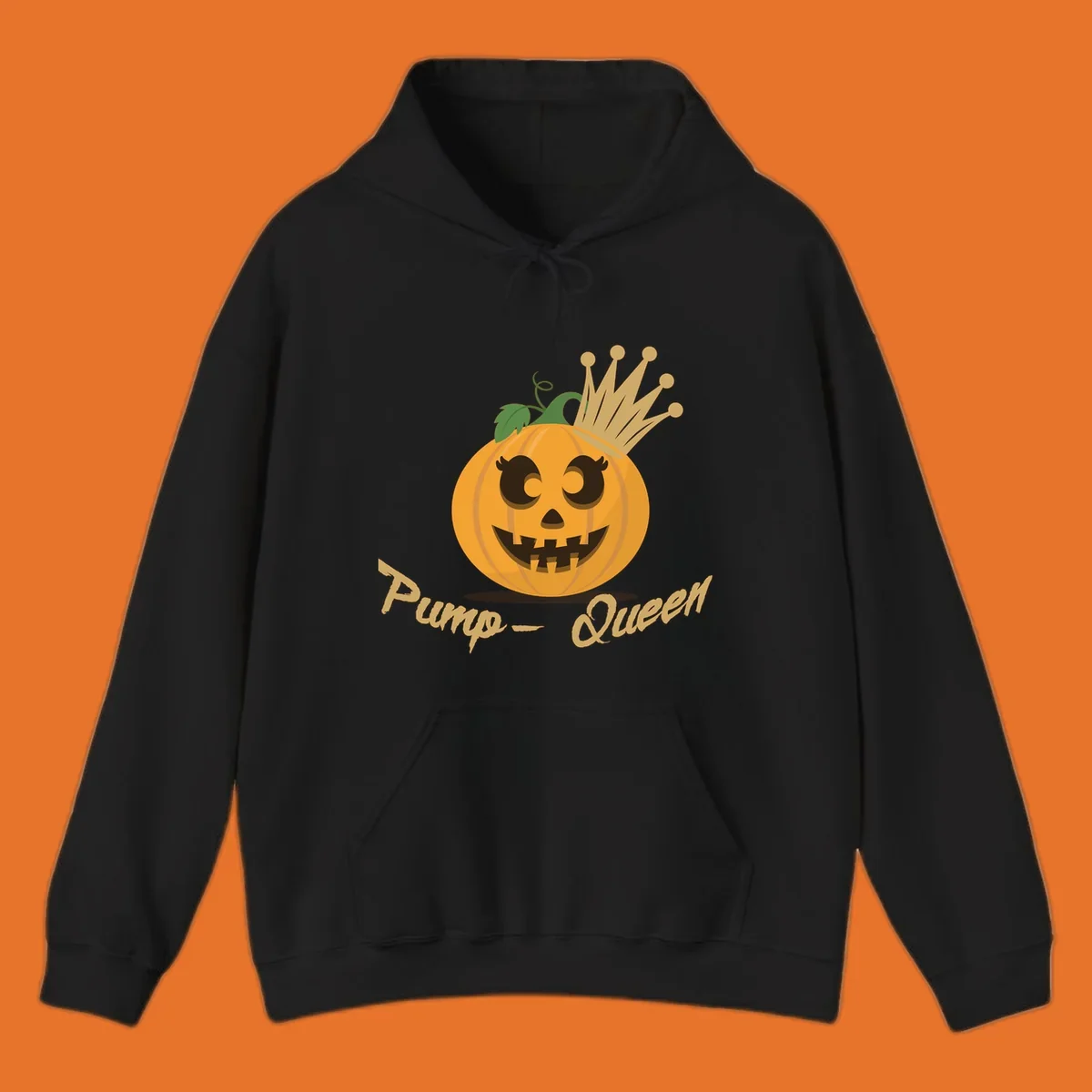 Cute pumpkin queen jack-o-lantern with a crown and "Pump-Queen" text.