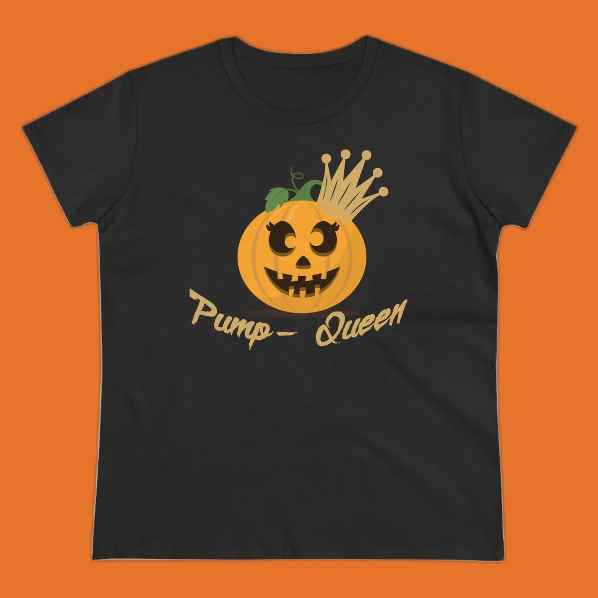 Cute pumpkin queen jack-o-lantern with a crown and "Pump-Queen" text.