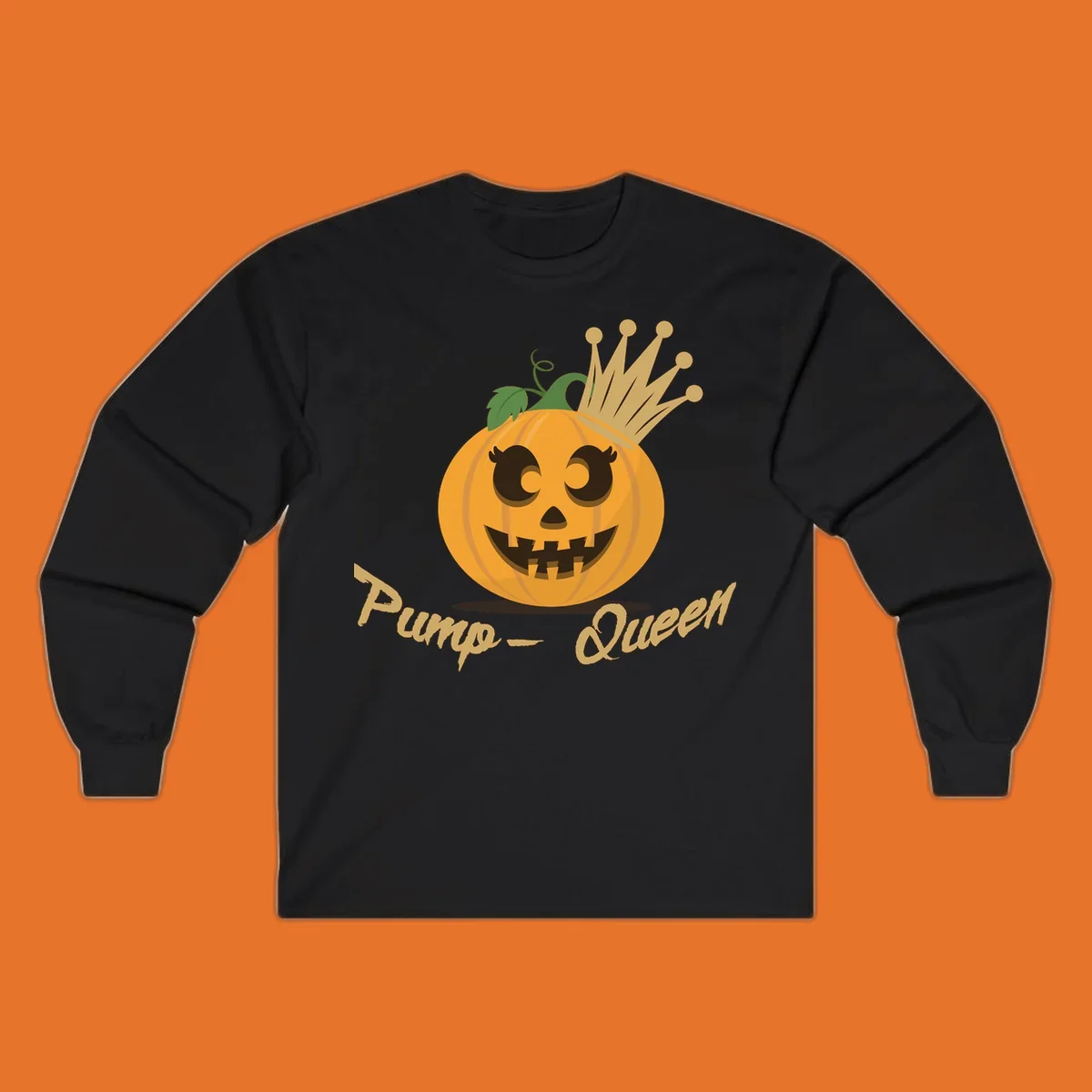 Cute pumpkin queen jack-o-lantern with a crown and "Pump-Queen" text.