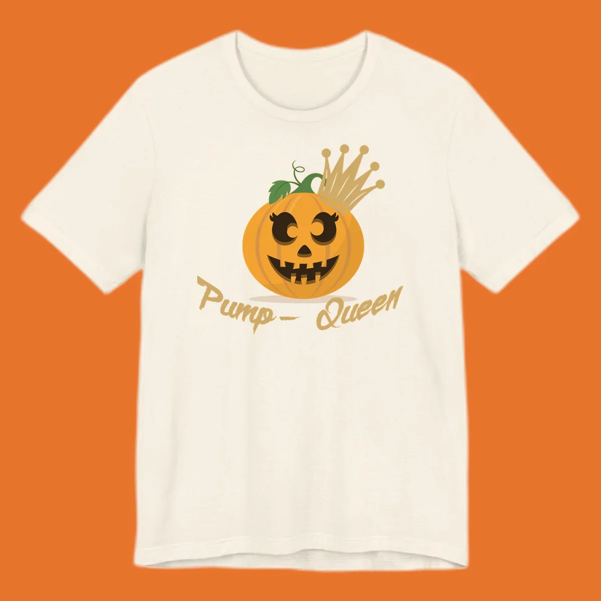 Cute pumpkin queen jack-o-lantern with a crown and "Pump-Queen" text.
