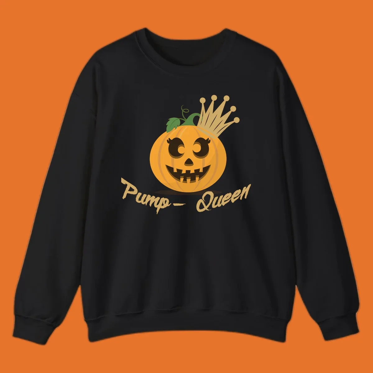 Cute pumpkin queen jack-o-lantern with a crown and "Pump-Queen" text.