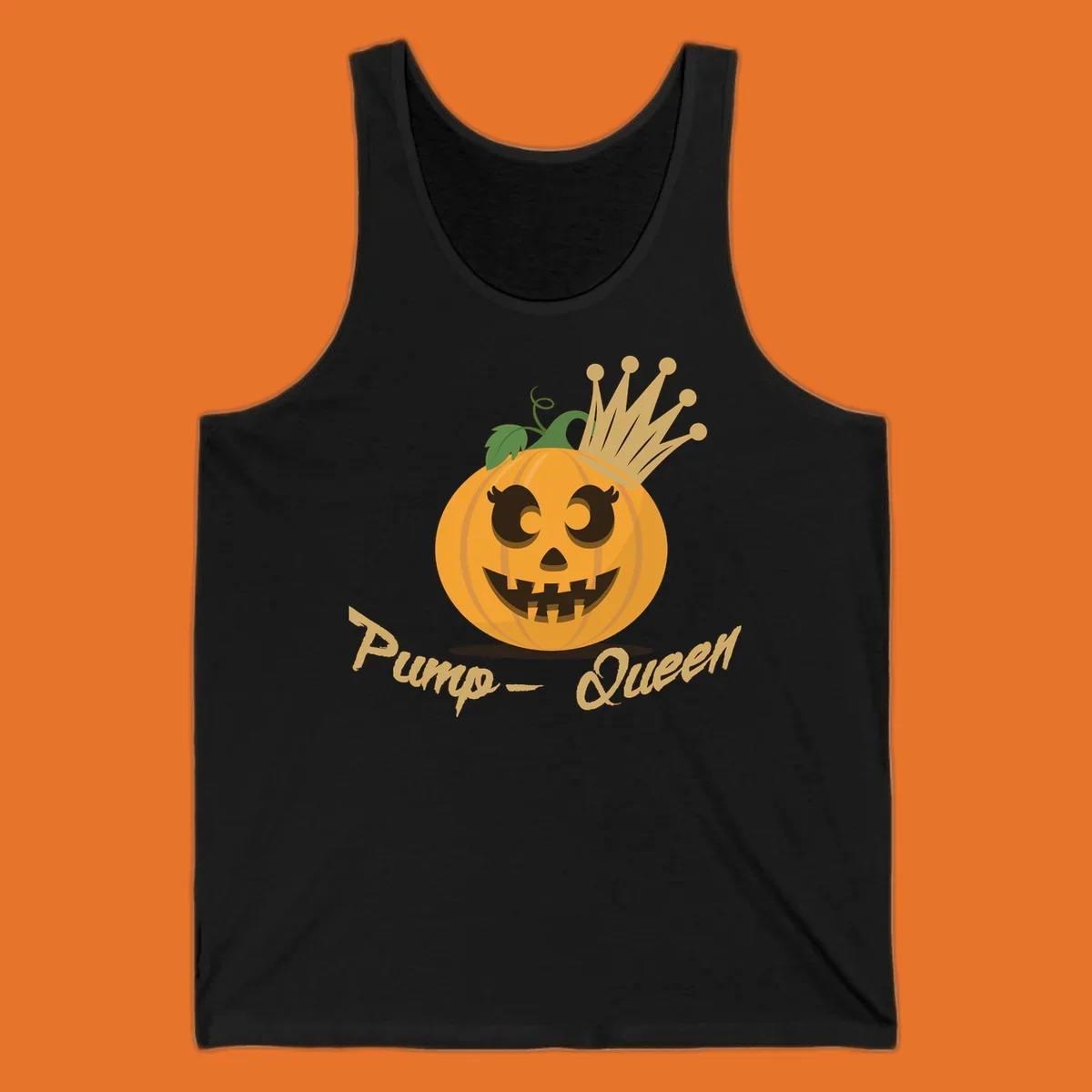 Cute pumpkin queen jack-o-lantern with a crown and "Pump-Queen" text.