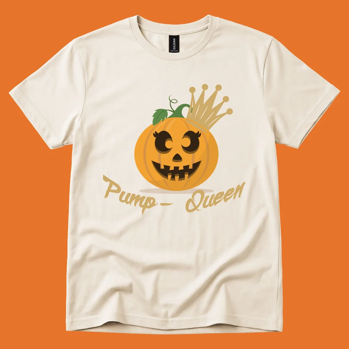 Cute pumpkin queen jack-o-lantern with a crown and "Pump-Queen" text.