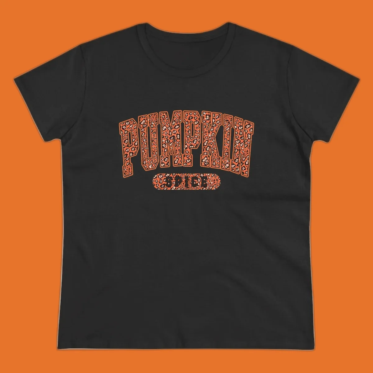 Pumpkin Spice text with leopard print pattern on dark outline, on black background.