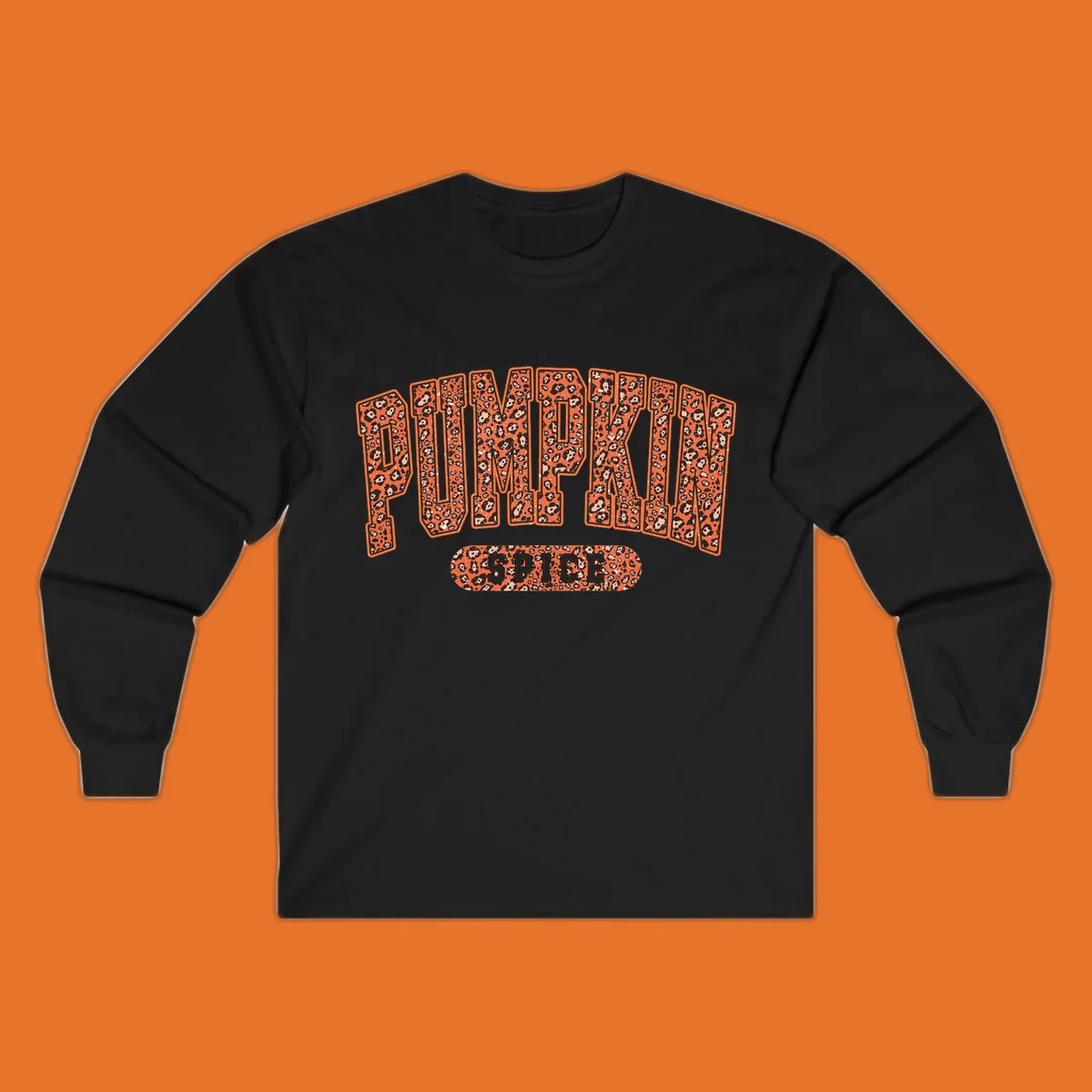 Pumpkin Spice text with leopard print pattern on dark outline, on black background.